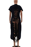 Fashion Pure Color Short Sleeve Hole Long Dress LSZ9089 