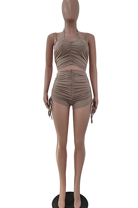 Sexy Gallus Ruffle Drawsting Zipper Pure Color Shorts Sets JP1028