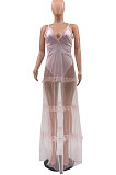 Sexy Mesh Spliced  V Neck Solid Color Backless Condole Belt Dress MLM9057