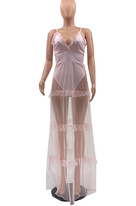 Sexy Mesh Spliced  V Neck Solid Color Backless Condole Belt Dress MLM9057