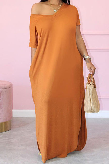 Women Summer Pure Color Loose Short Sleeve Long Dress JR3613