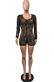 Euramerican Sexy Deer V Lace Hollow Out Button Jumpsuit H1637