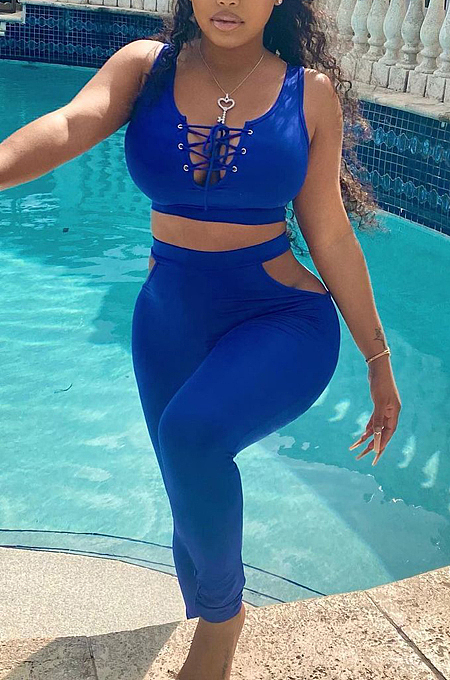 Sexy Chest Wrap Eyelet Bind Pure Color Two-Piece KK8250