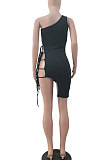Sexy Pure Color One Shoulder Bind Irregular Hem Mini Dress JP1025