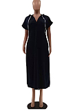 Fashion Pure Color Short Sleeve Hole Long Dress LSZ9089 