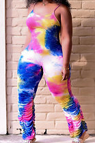 Trendy Tie Dye Gallus Ruffle Open Fork Bodycon Jumpsuits YFS3704