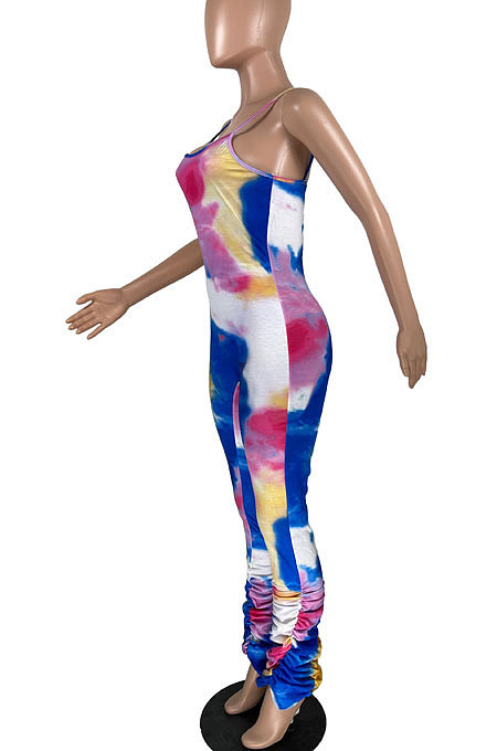 Trendy Tie Dye Gallus Ruffle Open Fork Bodycon Jumpsuits YFS3704