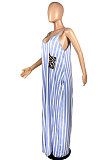 Women Sexy Stripe Gallus Leopard Pocket Long Dress YFS3659