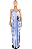 Women Sexy Stripe Gallus Leopard Pocket Long Dress YFS3659