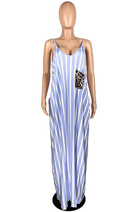 Women Sexy Stripe Gallus Leopard Pocket Long Dress YFS3659