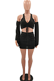 Fashion Casual Drawsting Fold Pure Color Short Skirt Sets W8380 