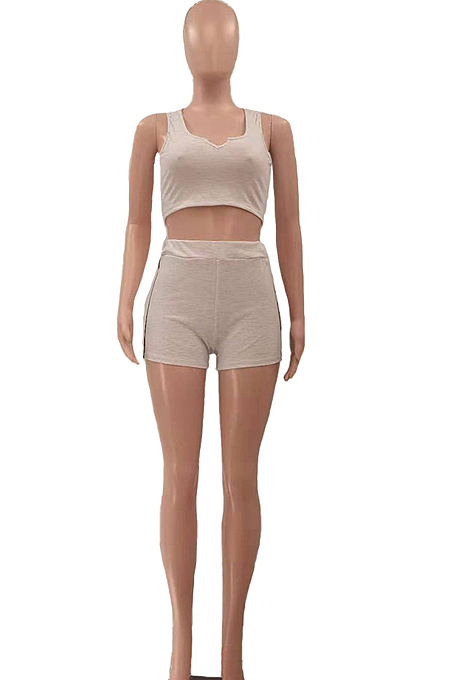 Fashion Casual Pure Color U Neck Vest Shorts Two-Piece LSZ9085