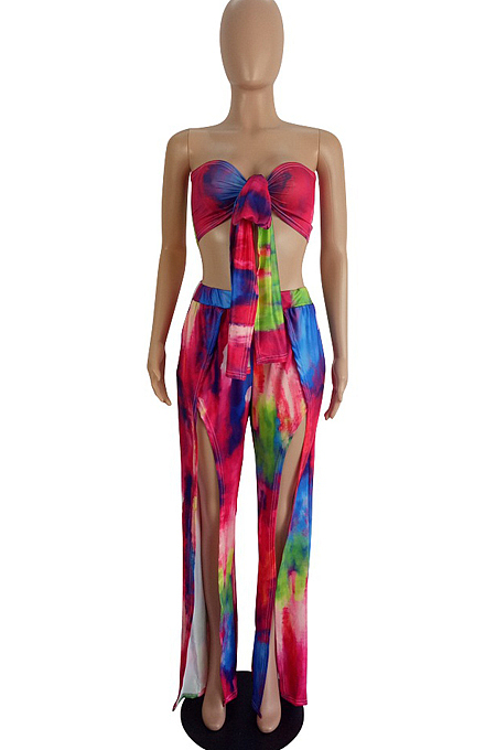 Sexy Chest Wrap Bind Ankle Strap Open Fork Print Two-Piece LS6425