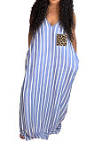 Women Sexy Stripe Gallus Leopard Pocket Long Dress YFS3659