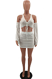 Fashion Casual Drawsting Fold Pure Color Short Skirt Sets W8380 