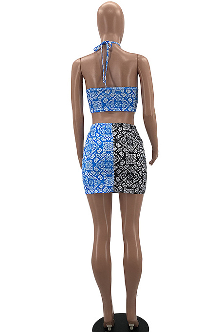 Fashion Casual Spliced Print Short Skirt Two-Piece W8374