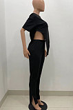 Pure Color Open Fork Irregular Short Sleeve Two-Pieces YX9280
