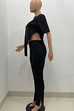 Pure Color Open Fork Irregular Short Sleeve Two-Pieces YX9280