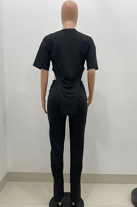 Pure Color Open Fork Irregular Short Sleeve Two-Pieces YX9280