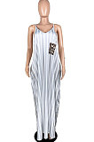 Women Sexy Stripe Gallus Leopard Pocket Long Dress YFS3659