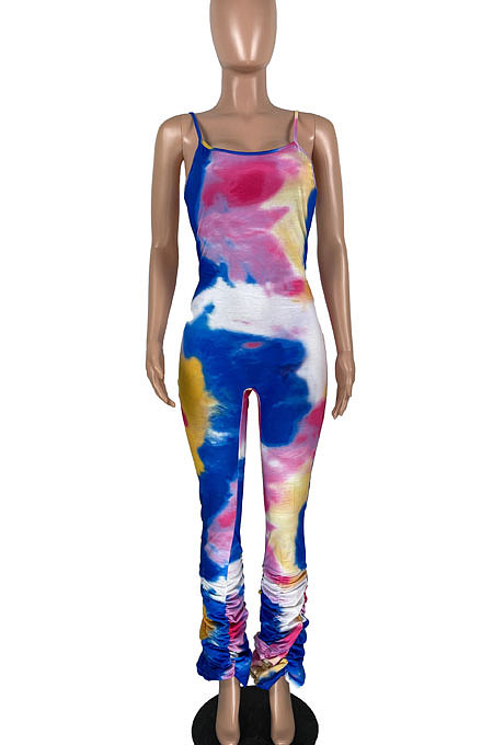 Trendy Tie Dye Gallus Ruffle Open Fork Bodycon Jumpsuits YFS3704