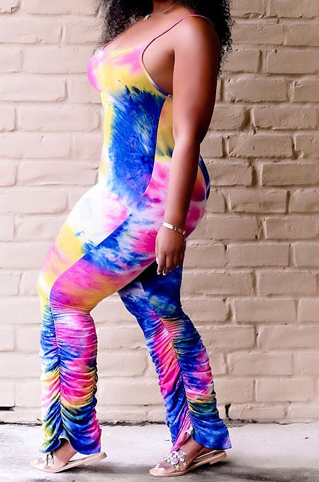 Trendy Tie Dye Gallus Ruffle Open Fork Bodycon Jumpsuits YFS3704