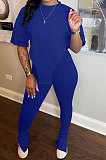 Pure Color Open Fork Irregular Short Sleeve Two-Pieces YX9280