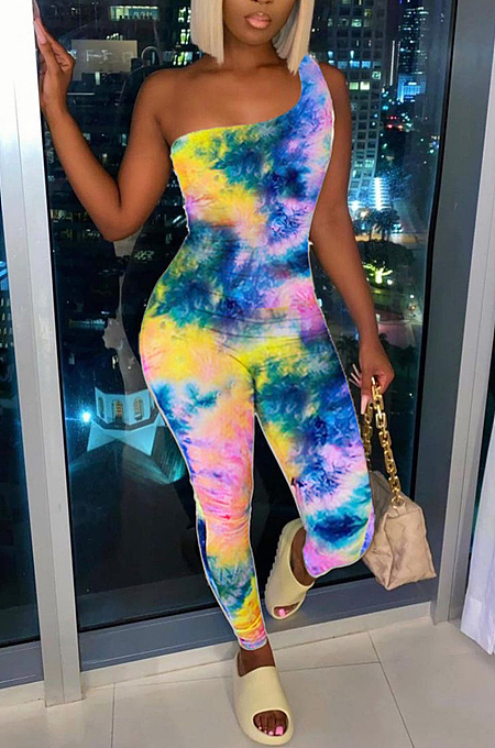 Fashion Women Inclined Shoulder Print Sexy Jumpsuit YT3268