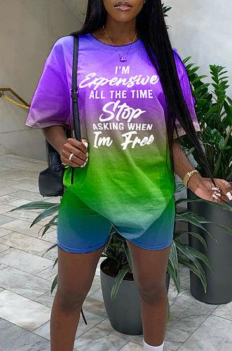 Casual Gradient Letter Print Short Sleeve Shorts Two-Piece HYM1688