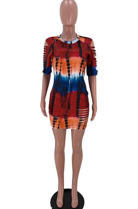 Fashion Women Tie Dye Print Two Sleeve Hem Hurnt Flowers Dress SXS6051