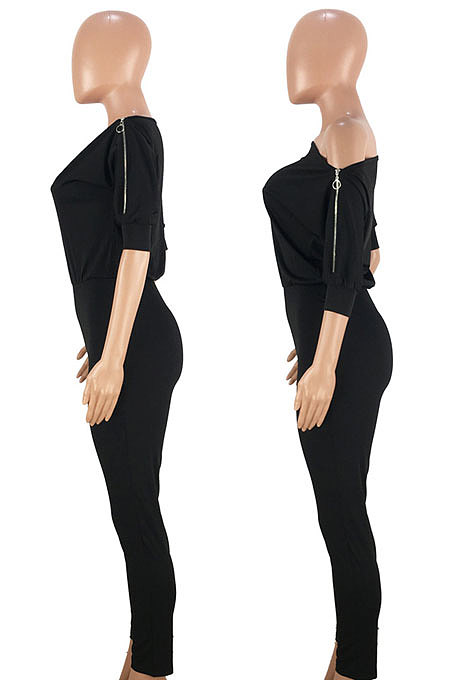 Sexy Double Zipper Inclined Shoulder Off Shoulder Pure Color Bodycon Jumpsuits GL6118