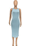 Trendy Casual Pure Color Sleeveless Midi Dress GLS8160