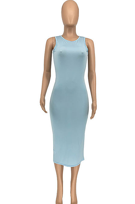 Trendy Casual Pure Color Sleeveless Midi Dress GLS8160