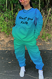 Gradient Round Collar Letter Print Casual Long Top Pants Sets MLD5015