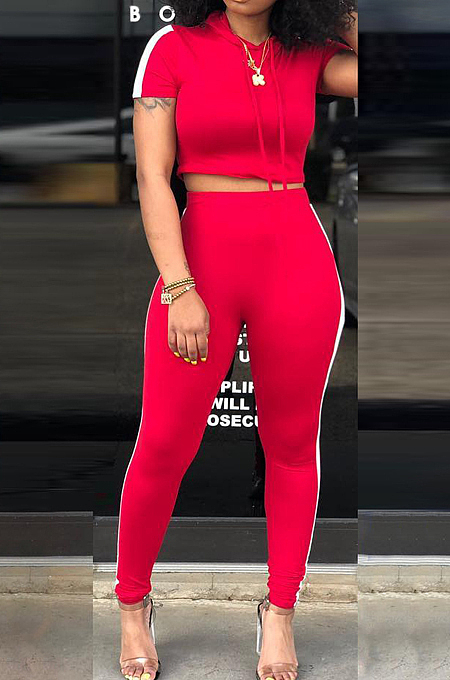 Euramerican Splced Pure Color Short Sleeve Hooded Sport Two-Piece SXS6008