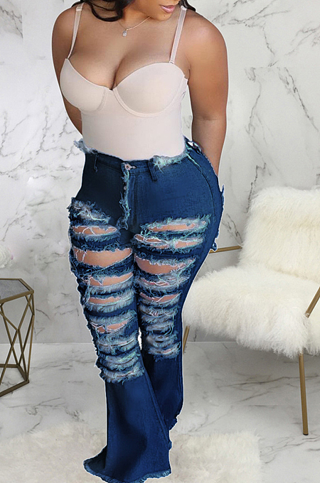 Euramerican Personality Hole Water Washing High Waist Stretch Cowboy Flare Pants SMR2259