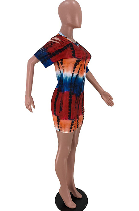 Fashion Women Tie Dye Print Two Sleeve Hem Hurnt Flowers Dress SXS6051