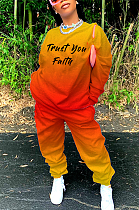 Gradient Round Collar Letter Print Casual Long Top Pants Sets MLD5015