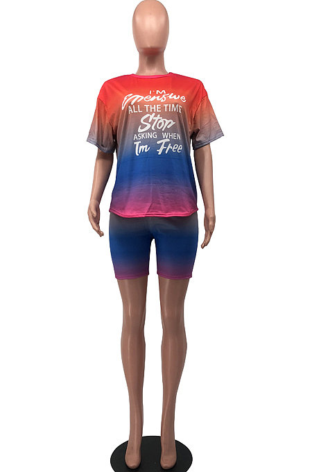 Casual Gradient Letter Print Short Sleeve Shorts Two-Piece HYM1688