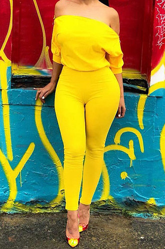 Sexy Double Zipper Inclined Shoulder Off Shoulder Pure Color Bodycon Jumpsuits GL6118
