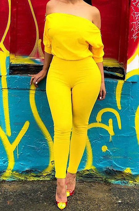 Sexy Double Zipper Inclined Shoulder Off Shoulder Pure Color Bodycon Jumpsuits GL6118