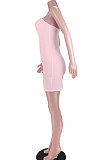 Sexy Inclined Shoulder Gallus Backless Hollow Out Pure Color Mini Dress GL6369