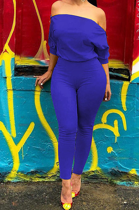 Sexy Double Zipper Inclined Shoulder Off Shoulder Pure Color Bodycon Jumpsuits GL6118