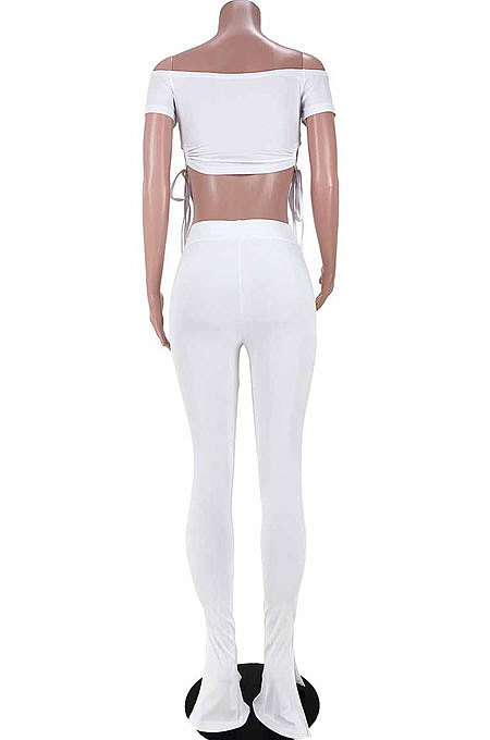 Shirred Detail A Word Shoulder Open Fork Small Flare Leg Pants Sets GL6375