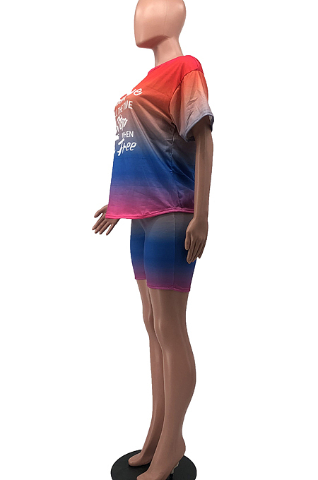 Casual Gradient Letter Print Short Sleeve Shorts Two-Piece HYM1688