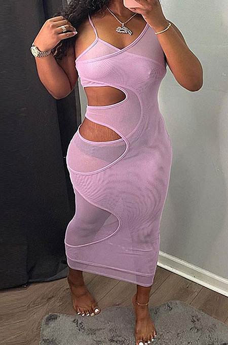 Pure Color Gallus Sexy Hollow Out Long Dress GLS8148