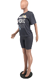 Euramerican Women Letter Print Short Sleeve Shorts Two-Pece HYM8061