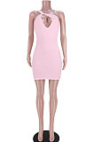 Sexy Inclined Shoulder Gallus Backless Hollow Out Pure Color Mini Dress GL6369