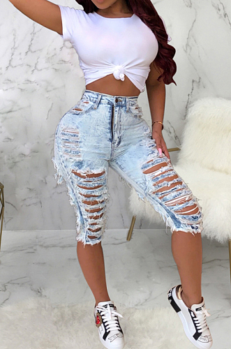 Fashion Torn By Hand High Waist Water Washing Cowboy Pants SMR2258
