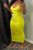 Pure Color Gallus Sexy Hollow Out Long Dress GLS8148